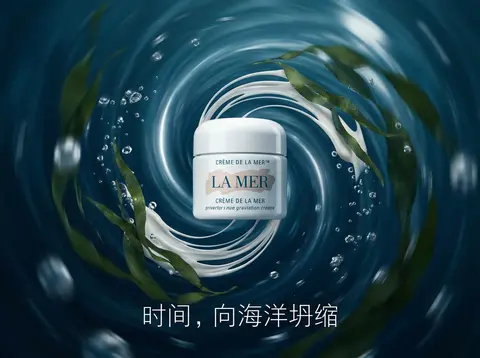 为La Mer精华面霜制作「万有引力」产品广告海报。主体：La Mer经典白色瓷瓶面霜悬浮于视觉中心，作为强大引力源，将深海海藻、银色微泡、月光光晕和乳霜质地拉 - AI生成图片 2