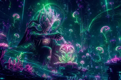 a celestial gardener tending stars, suspended in an underwater abyss, cyberpunk - AI生成图片 1