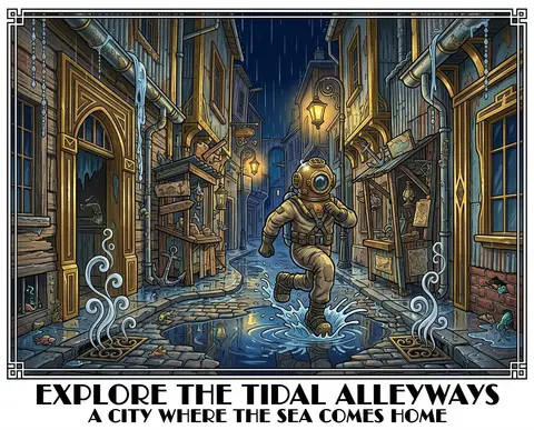 A deep-sea diver skipping through a rain-soaked back alley transformed into a fa - AI生成图片 1