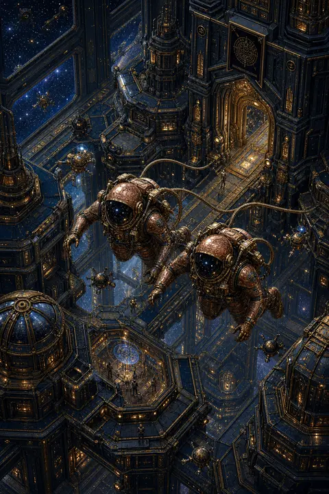 Two identical astronaut siblings drift through the central spine of a colossal o - AI生成图片 2