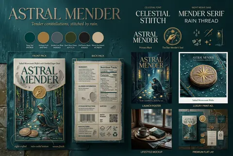 8K品牌视觉提案，一款虚构高端夜雨系手作甜点品牌“ASTRAL MENDER”的整套包装与形象展示；核心气质安静、亲密、珍贵、诗意，彻底避开常规食品商业风，采用 - AI生成图片 1