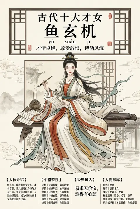 一张竖版 3:4、4K 超清的高端国风信息海报，主题人物为【鱼玄机】，整体为收藏级中国古典人物设定海报。画面采用中国水墨、淡彩工笔、宣纸肌理、传统中式纹样与现代 - AI生成图片 2