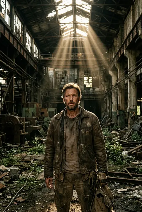 一张电影感极强的末世超写实人像照片：虚构角色“Elias Voss”，约四十岁，白人男性，短棕发，粗粝胡茬，眼神警觉却透出长久奔波后的疲惫；他站在一座废弃老工业 - AI生成图片 1