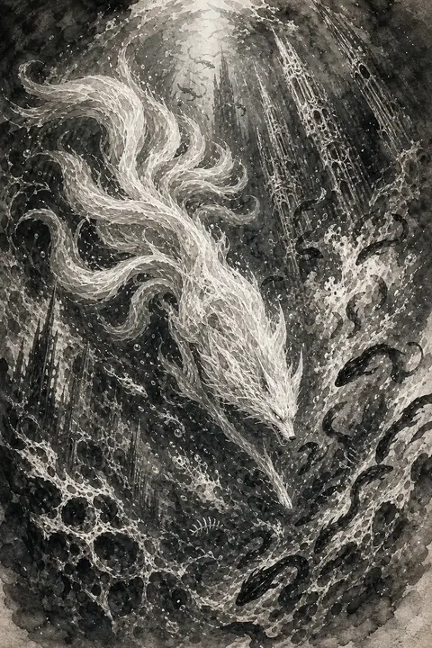 A feral nine-tailed fox spirit corkscrews through a trench of the underwater aby - AI生成图片 1
