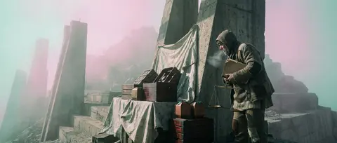 A tense cinematic scene of a market fruit vendor stranded in a fog-shrouded moun - AI生成图片 1