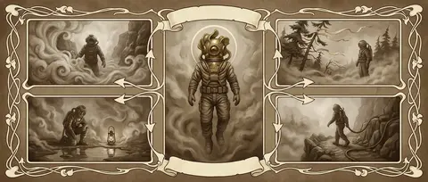Art nouveau poster collage, five-panel composition, tense cinematic mood, muted - AI生成图片 2
