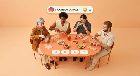 俯视广角、无缝影棚时尚广告摄影，一幅高度概念化的社交分享主题画面：四名二十岁出头的都市创意人围坐在一张被设计成短视频平台发布页面的椭圆形珊瑚橘色桌台旁，整体视觉 - AI生成图片 3