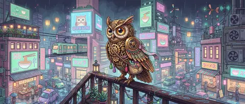 a clockwork owl perched on a rain-slick balcony rail in a towering neon megacity - AI生成图片 3