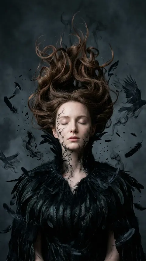 一幅超写实、暗黑奇幻风格的人像艺术摄影：艾琳·夜鸦（Eileen Nightraven）正面半身居中出镜，双眼轻闭，神情宁静而空灵，带着微妙的超然感，头部微微后 - AI生成图片 3