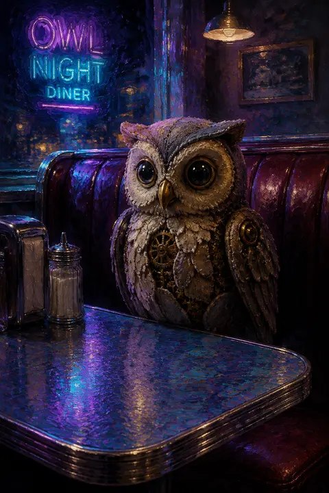 A solitary clockwork owl in soft felt perched inside a chrome-and-vinyl 1950s di - AI生成图片 1