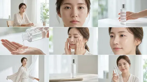 Create a clean, bright skincare commercial storyboard in a 16:9 layout with 9 pa - AI生成图片 1