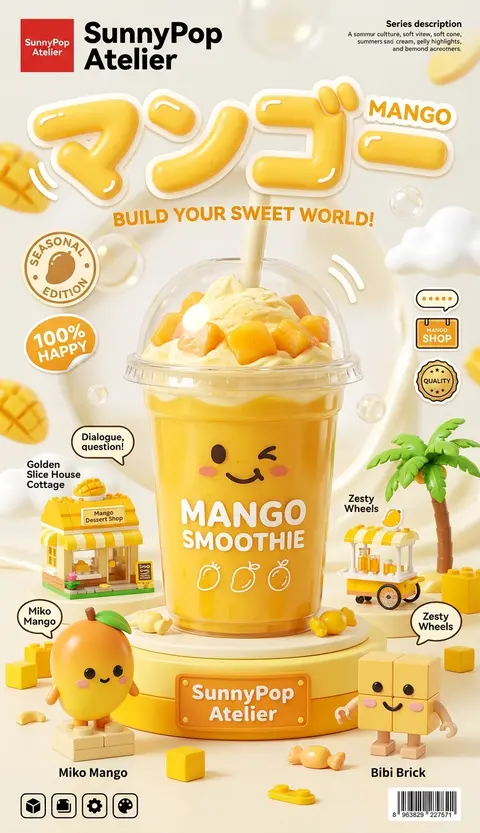 一张高端商业海报风的3D电商产品主视觉，主题为“芒果奶昔 / mango smoothie”，整体采用奶油白与明亮芒果黄的治愈系单色配色，纵向构图，接近4:7海 - AI生成图片 2