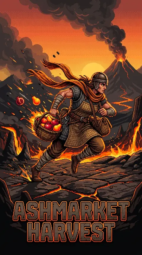 9:16 vertical poster, a battle-ready market fruit vendor bracing on a cracked vo - AI生成图片 1