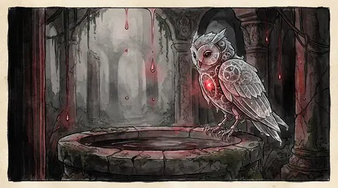 a clockwork owl perched beside a shallow basin of dark water in ancient moss-cov - AI生成图片 3