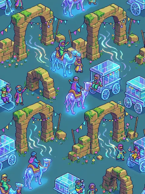 Seamless repeating 16-bit pixel art pattern depicting a joyful desert nomad cara - AI生成图片 2