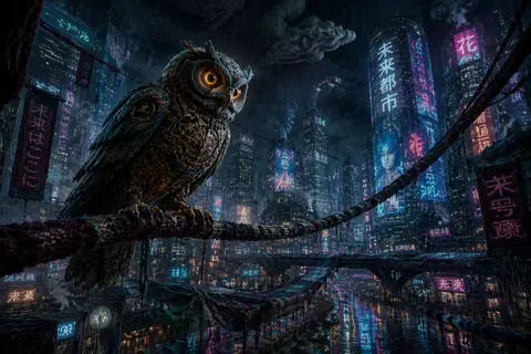 A clockwork owl perched on a sagging knitted-wool power cable above a rain-soake - AI生成图片 2