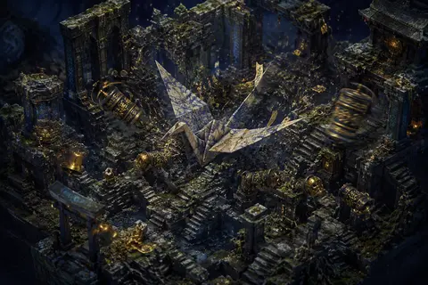 Isometric miniature scene of a living origami paper crane whipping through ancie - AI生成图片 2