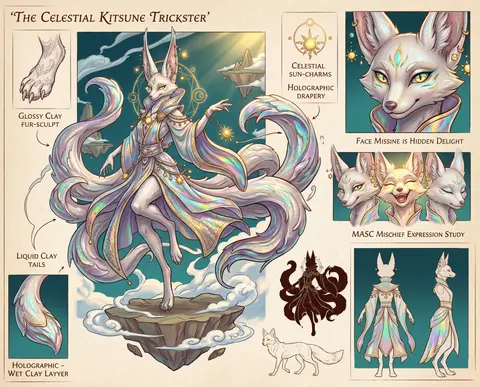 Mythical nine-tailed fox spirit character sheet, radiant celestial trickster wit - AI生成图片 1
