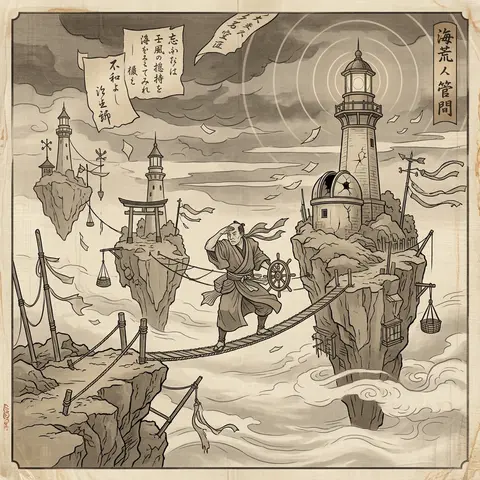 A tense cinematic ukiyo-e woodblock print of a solitary lighthouse keeper on dri - AI生成图片 1