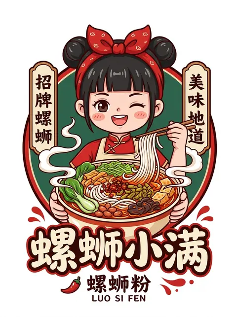 一张干净白底的中国风可爱餐饮品牌插画海报，中心构图，Q版动漫女孩手捧一大碗螺蛳粉，整体做成精致餐饮logo/包装贴纸风。女孩是甜美少女形象，黑色头发，双丸子头， - AI生成图片 2