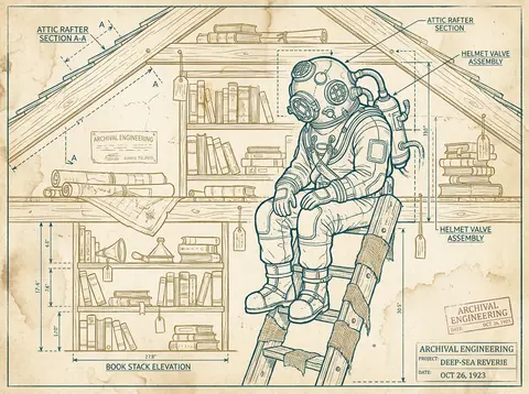 blueprint schematic of a solitary deep-sea diver in a bulky vintage suit seated - AI生成图片 2