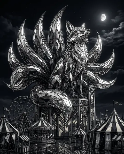 A colossal nine-tailed fox spirit enthroned above a midnight carnival, rendered - AI生成图片 1