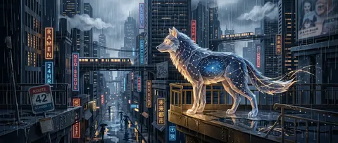 层叠纸雕立体景框风格，一只由星群与细碎星轨编织而成的狼在暴雨中的未来巨型都市天桥边缘驻足，躯体仿佛由半透明霜晶切割拼接，棱面折射出微弱 brass 金属暖辉与 - AI生成图片 1