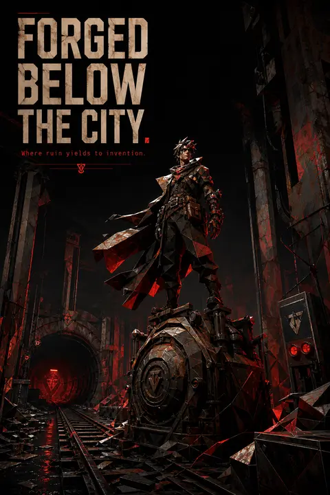 Vertical 9:16 poster, low-poly 3D render, an epic monumental scene centered on a - AI生成图片 2