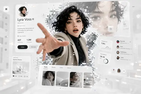 A futuristic social media profile interface in a pristine white minimal aestheti - AI生成图片 1