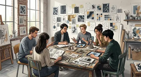 Contemporary art studio illustration with a circle of young adult creators revie - AI生成图片 2