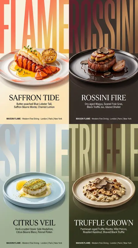 Create an ultra-premium horizontal 2x2 four-panel Western fine-dining campaign p - AI生成图片 3