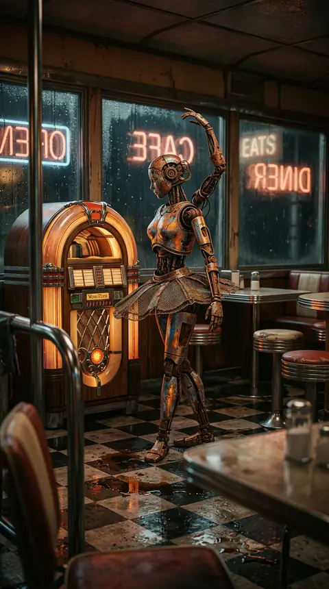 A solitary robotic ballet dancer in a rain-speckled 1950s roadside diner at clos - AI生成图片 1
