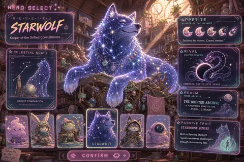 A jubilant hero-selection splash for a whimsical arena game: at the center, an i - AI生成图片 2