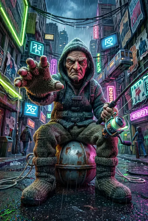 一位皱纹深刻、目光如钩的年迈渔夫，面部严格参考上传人脸特征并完整迁移到全新角色上，坐在一只悬浮于积水街口的破旧金属浮标上，镜头以极端仰视角度贴近地面拍摄，一只布 - AI生成图片 2