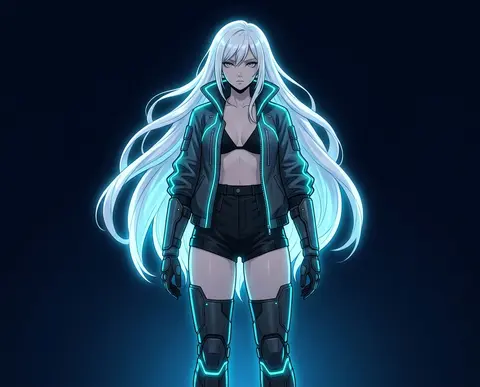 full body view of a mysterious anime woman, long flowing white hair, futuristic - AI生成图片 1
