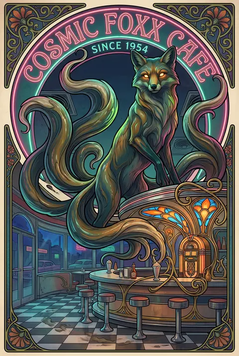 A colossal nine-tailed fox spirit rising behind the counter of a 1950s chrome di - AI生成图片 1
