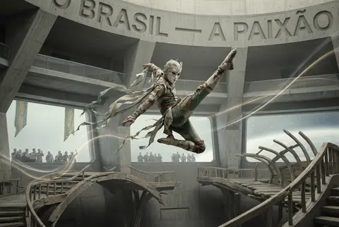 A masked carnival acrobat launches into a sorrowful midair kick inside a vast or - AI生成图片 1