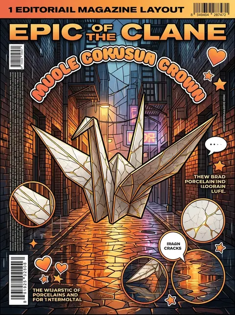 竖版 3:4，单张海报式拼贴，stained-glass mosaic editorial，雨夜后巷场景，地面积水映出 warm sunset orange g - AI生成图片 3