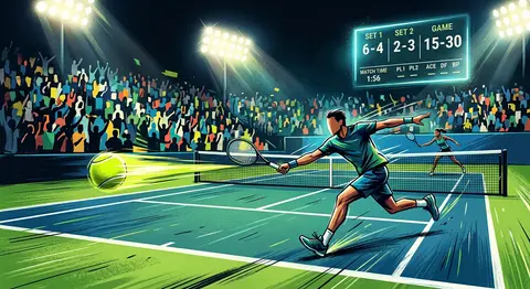 High-energy editorial sports illustration capturing a live tennis rally on a viv - AI生成图片 2