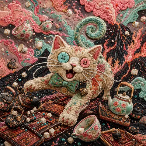An exuberant tea-house cat with mismatched button eyes, a crooked jade bow tie, - AI生成图片 1