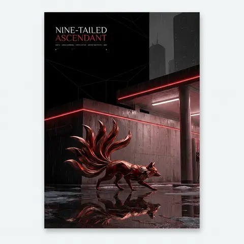 A collector-grade vertical poster in vaporwave noir: a mythical nine-tailed fox - AI生成图片 2