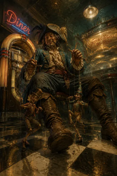 Ancient dockside troubadour in a 1950s chrome diner, soft felt marionette rods i - AI生成图片 1