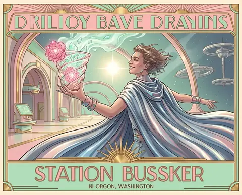A jubilant wandering station busker in a sweeping metallic cape drifts along a s - AI生成图片 1