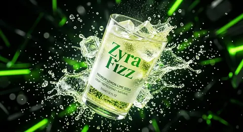 A transparent cup filled with fresh `Zyra Fizz` lemon-lime soda floats midair, s - AI生成图片 1