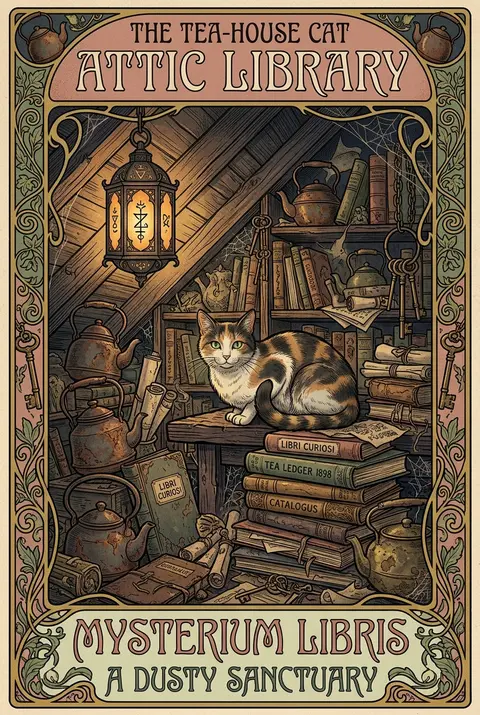 A tea-house cat perched inside a cozy cluttered attic library, half-lit by a sin - AI生成图片 3