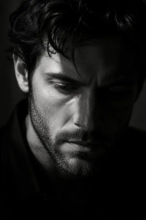 Close-up black-and-white portrait using the referenced face of Dorian Vale, an i - AI生成图片 1