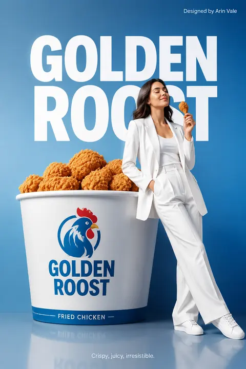 Minimalist commercial ad featuring an oversized `Golden Roost` chicken bucket, u - AI生成图片 2