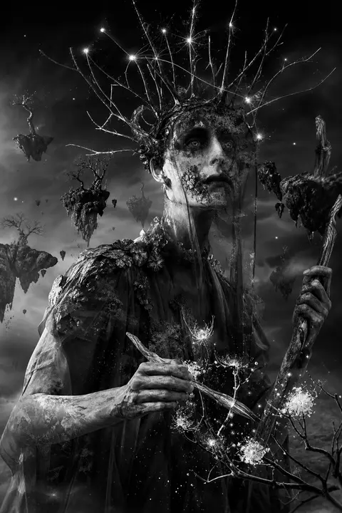 A spectral orchard-keeper on a shattered levitating archipelago, coaxing constel - AI生成图片 1