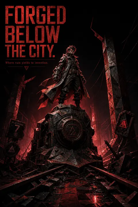 Vertical 9:16 poster, low-poly 3D render, an epic monumental scene centered on a - AI生成图片 3