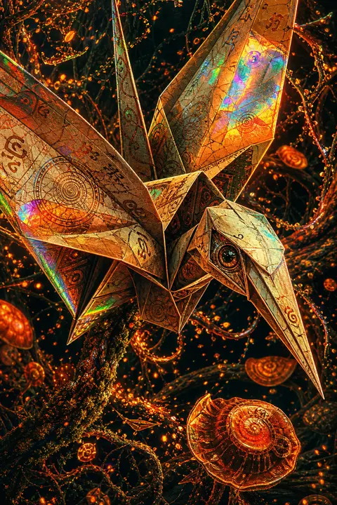 A sentient origami paper crane mid-surge through a bioluminescent night forest, - AI生成图片 2